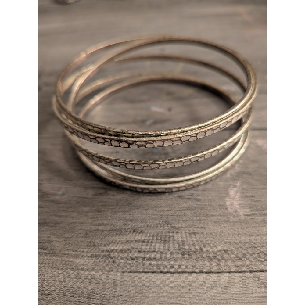 Silver Tone Multi Strand Hammered Textured Bangle Bracelet Set Bohemian Stacked